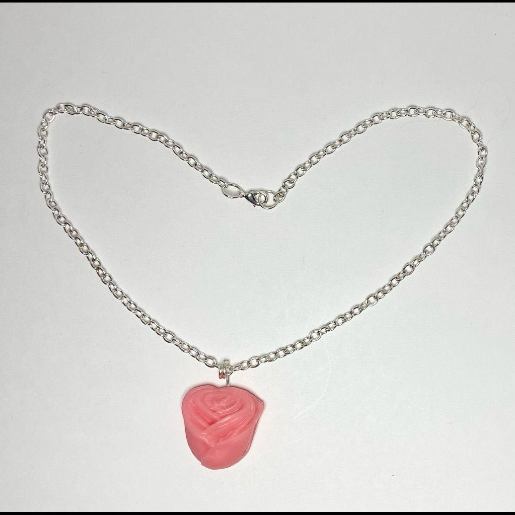 Handmade Pink Rose Pendant Silver Chain Necklace